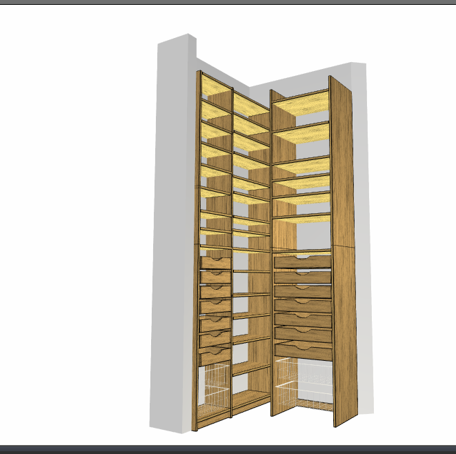 This is a design we created for a client with a smaller pantry. The key is to maximize space.